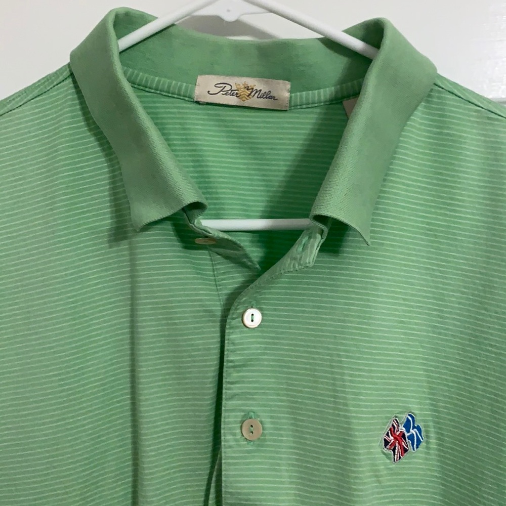 Peter Millar green w white strip polo - large
